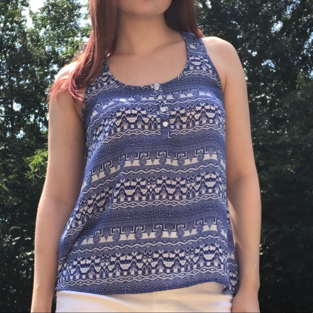White and Blue Printed Tank